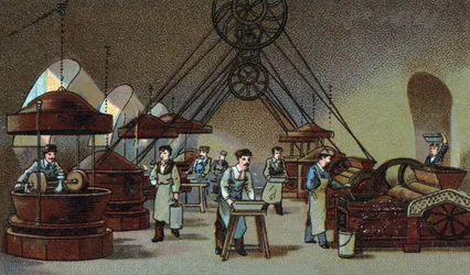 Chocoladeproductie: maalwerkplaats. Chromolithografie uit het einde van de 19e eeuw