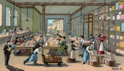 Chocoladefabricage: verpakking, verzending. Chromolithografie uit het einde van de 19e eeuw