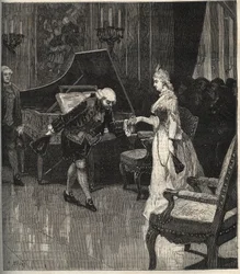 Christoph Willibald Gluck voor koningin Marie-Antoinette in Trianon - Christoph Willibald Gluck (1714-1787), Duitse componist speelt voor koningin Marie Antoinette in Trianon - gravure in 