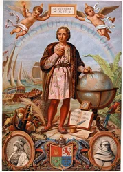 Christoffel Columbus. Links, portret van Isabella de Katholieke, Koningin van Castilië (1451-1504). Spaanse chromolithografie uit de 19e eeuw
