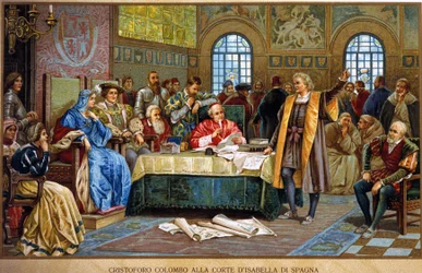 Christoffel Columbus aan het hof van Isabella I van Spanje, de Katholieke of Castilië. Chromolithografie van de 19e eeuw.