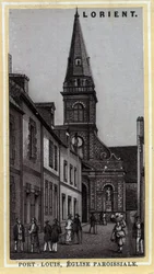 Parochiekerk van Port Louis, Pays de Lorient, Morbihan, Bretagne. Chromolithografie van het einde van de 19e eeuw