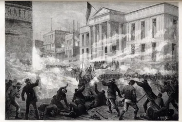 Rellen bij het gerechtsgebouw van Cincinnati in 1884 - een oproer dat begon na een juryvonnis wegens doodslag na een berucht moordproces, 28 maart 1884