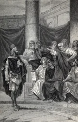 Cineas belangrijke adviseur van koning Pyrrhus probeert te onderhandelen met de Romeinen na de Slag bij Heraclea 280 v.Chr., Gravure 1884