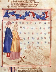 Cirkel van Verraders: Dante en Virgil ontmoeten Ugolino della Gherardesca, tiran van Pisa en veroordeeld voor verraad aan het vaderland, hij slaat het hoofd van de aartsbisschop Ruggeri. Verluchte pagina die het 33e lied van de Hel uit de 