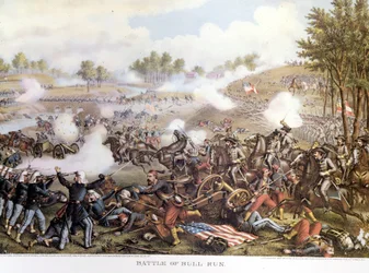 Amerikaanse Burgeroorlog (1861 - 1865), Eerste Slag bij Bull Run of Eerste Slag bij Manassas: Virginia, de Zuidelijken onder bevel van generaal Beauregard versloegen de Noordelijke troepen van generaal Mac Dowell. Gravure.