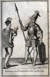 Burgerlijke en militaire kleding van de Lombarden (Lombardije) in de Middeleeuwen. Gravure in 