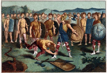 Clovis (465-511) en de Frankische krijger die in 486 de vaas van Soissons brak - Clovis I slaat de soldaat neer die in 486 de vaas van Soissons had gebroken. Chromolithografie uit de 19e eeuw.