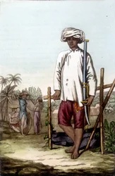 Cochinese soldaat. Bibliotheek van decoratieve kunsten van Parijs “Le costume ancien et moderne”