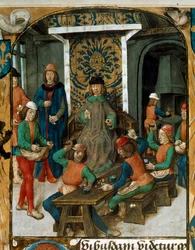 Munt slaan in de Middeleeuwen. Miniatuur uit een verhandeling over valuta (waarschijnlijk De Moneta) door Nicolas Oresme (1320-1382). 14e eeuw. B.N. Parijs