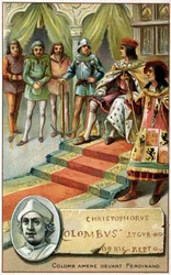 Columbus (met gebonden handen) voor Ferdinand gebracht - Chromolithografie van de 19e eeuw
