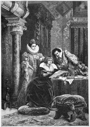 Concini, Leonore Galigai en Marie de Medici. Gravure in "Histoire de France" vanaf de vroegste tijden tot 1789 door M. Guizot