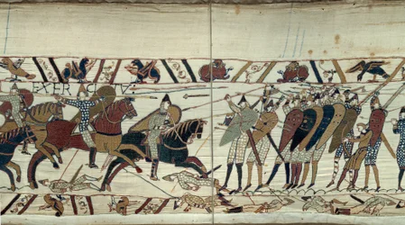 Verovering van Engeland door Willem de Veroveraar in 1066, gevechtsscène tussen de Normandische cavalerie en de Saksische infanterie van koning Harold II van Engeland (detail van het Tapijt van Bayeux)