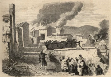 Verovering van Algerije: expeditie naar Groot-Kabylië in 1857. Onderwerping van de Beni Yenni, naar een tekening van de heer Ameller, bataljonscommandant bij het 1e regiment zoeaven. Gravure in 