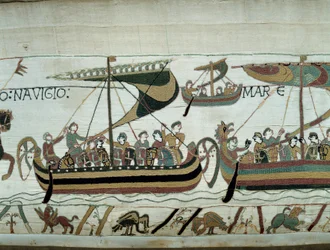 Verovering van Engeland door Willem de Veroveraar (1027-1087) in 1066: de Normandische vloten varen naar Engeland. Detail van het Tapijt van Bayeux of Borduurwerk van Koningin Mathilde