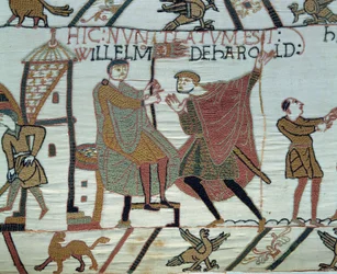 Verovering van Engeland door de Hertog van Normandië Willem de Veroveraar (1027-1087) in 1066: een uitkijkpost rapporteert de feiten van Harold II aan Willem bij de Slag bij Hastings Detail van het Tapijt van Bayeux of Borduurwerk van Koningin Mathilde