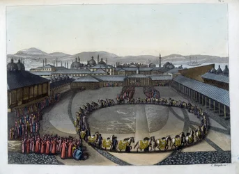 Constantinopel: Poort van Geluk. Deze deur geeft toegang tot het interieur van het paleis waar de Sultan woont met zijn familie en de dames van zijn Harem. In “The old and modern costume”