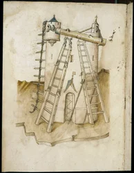Bouwactiviteiten - Manuscript: perkamentblad van een ingenieurshandboek voor de bouw van civiele, religieuze en militaire gebouwen, anoniem, eind 15e eeuw (figuur in Chinese inkt)