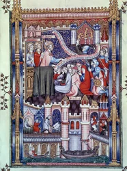 Bekering van Parijzenaars: op een brug van Parijs, waar goudsmidswinkels zijn gevestigd, breken Parijzenaars afgoden in goud. Miniatuur uit het manuscript 