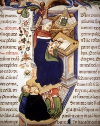 Kopiëren monnik. Manuscript uit de 15e eeuw
