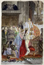Kroning van keizer Otto I (912-973) door paus Johannes XII in 962 - in "Histoire des papes" van Maurice La Châtre