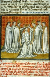 Kroning van Hugo Capet (987) door Adalbero (ca. 925-990), aartsbisschop van Reims - boekverluchting op velijn uit het middeleeuwse manuscript 