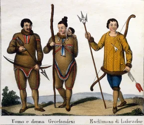 Kostuum. Links: Koppel van Groenlandse Eskimo