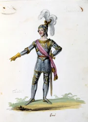 Kostuum voor het personage van Tancredi getekend door Gironi voor de opera “Tancredi” door Gioacchino Rossini. 1813