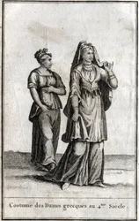 Kostuum van de Griekse dames in de 4e eeuw. Gravure in 