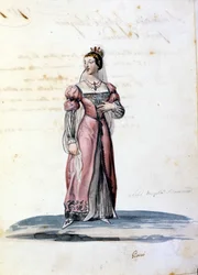 Kostuum van een jonge dame van de adel van Syracuse getekend door Gironi voor de opera “Tancredi” door Gioacchino Rossini. 1813