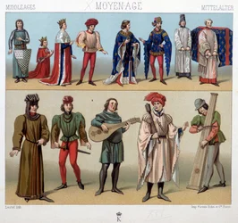 Kostuums en musici in de middeleeuwen van de 13e tot de 15e eeuw. In «Het historische kostuum» van A. Racquet