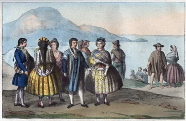 Klederdrachten van de bevolking van Concepción, Chili - gravure uit ‘Usi e Costumi di Tutti i Popoli dell
