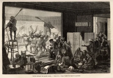 Coulies (dienaren) die een groot huis schoonmaken, voor de voorbereidingen voor het nieuwe jaar, dit huishouden eindigt met vrolijke en groteske manifestaties: verwijdering van degene die zijn taak slecht heeft uitgevoerd. Gravure ter illustratie van de re