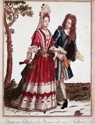 Koppel wandelt in de Tuilerieën, Parijs (Gravure)