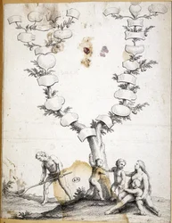 Koppel met kinderen aan de voet van een maagd stamboom - gravure