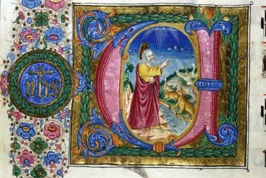 Schepping: God voor de schepselen van de aarde. 15e-eeuws manuscript. Bibl. Nazionale Braidense, Milaan