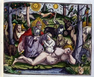 Schepping: God afgebeeld omringd door mensen en dieren (hond, kraanvogel, leeuw, hert, bever, aap, eenhoorn, wild zwijn, papegaaien, konijn...), volgens Historiae animalium door Konrad Gesner, Tiguri