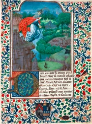 Schepping, de zevende dag: de Schepper vliegt over zijn werk. Landschap met dieren. Miniatuur uit het Getijdenboek van de Gravin van Bretiandos
