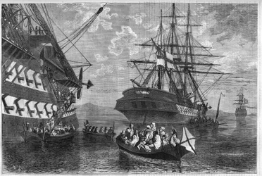 Kretenzische opstand van 1866-1869: Kretenzische families zoeken asiel op schepen van neutrale mogendheden. Gravure in L