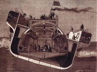 Dwarsdoorsnede van een boot ontworpen tegen zeeziekte door Henry Bessemer (1813-1898). Gravure 19e eeuw.