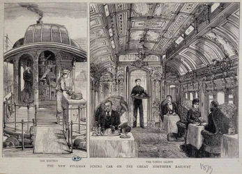 Keuken en restaurant van een Pullman-wagon - gravure