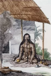 Cultuur, beschaving en Indiase samenleving: Portret van een Fakir tijdens het gebed, India. Gravure 1808