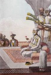 Cultuur, beschaving en Indiase samenleving: portret van een Radjah (Rajah) soeverein van de Brahmaan, India. Gravure uit 1808.