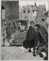 Bestek: schippers omringen de stoel van Marie de Rabutin-Chantal (Rabutin Chantal), markiezin de Sévigné genaamd Madame de Sévigné (1626-1696) om hem messen te verkopen bij zijn aankomst in Nogent (Haute Marne) in 1675. Gravure uit 1885 in “Les arts et mét
