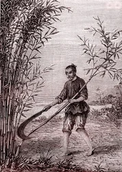 Het snijden van de bamboe, papierfabricage in China (3e eeuw v.Chr.) (gravure