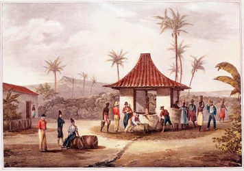 Dagelijks leven in Kaapverdië. Bewoners van een dorp bij de fontein. Lithografie van de 19e eeuw. Lissabon Historisch Archief van Overzee