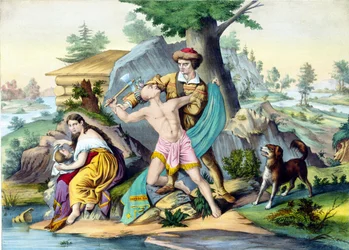 Daniel Boone beschermt zijn familie: Daniel Boone, Amerikaanse pionier (1734 - 1820) die een Indiaan doodt die zijn familie met een bijl aanvalt. Gravure 19e eeuw.
