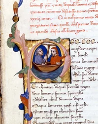 Dante Alighieri: Divina Commedia (Goddelijke Komedie) incipit van Purgatorio. Dante en Virgil. manuscript uit de 14e eeuw. Milano bibl. Trivulziana