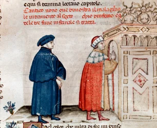 Dante en Vergilius bij de poort van Dite bewaakt door de furieën (canto 9 uit de Hel, in de Goddelijke Komedie) - miniatuur 15e eeuw