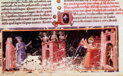 Dante en Vergilius bij de poort van Dite bewaakt door de furieën (canto 9 uit de Hel, in de Goddelijke Komedie) - miniatuur